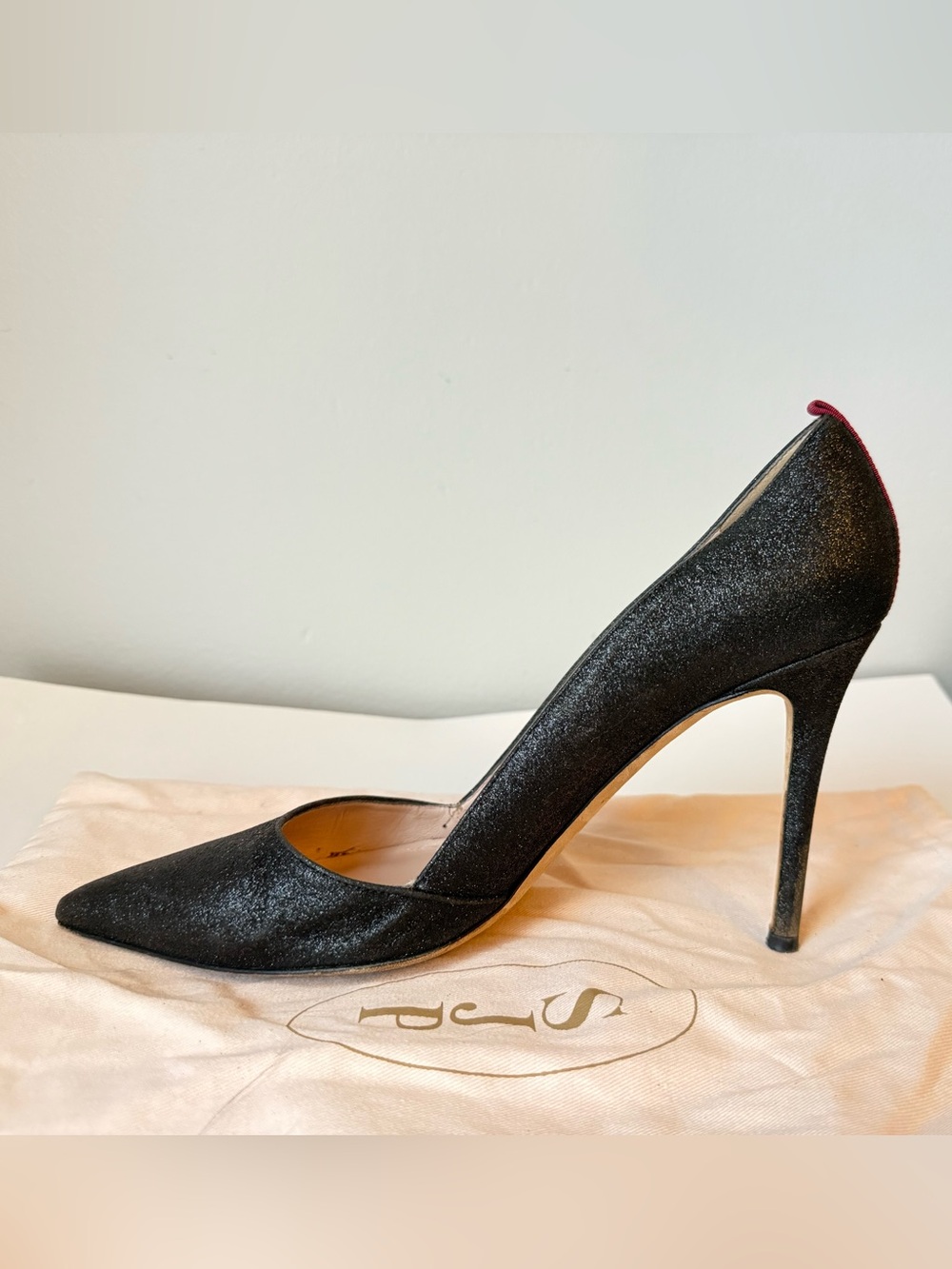 SJP by Sarah Jessica Parker Black Glitter Pointed-Toe Stiletto with Red Heel Tab